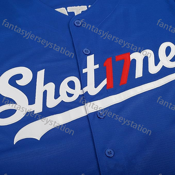 #17 Blue Men's Shohei Relaxed Ohtani 42 Robinson Fit Embroidered V-Neck Button Up Short Sleeve Shirt, Summer Baseball Jersey for Party In Stock S