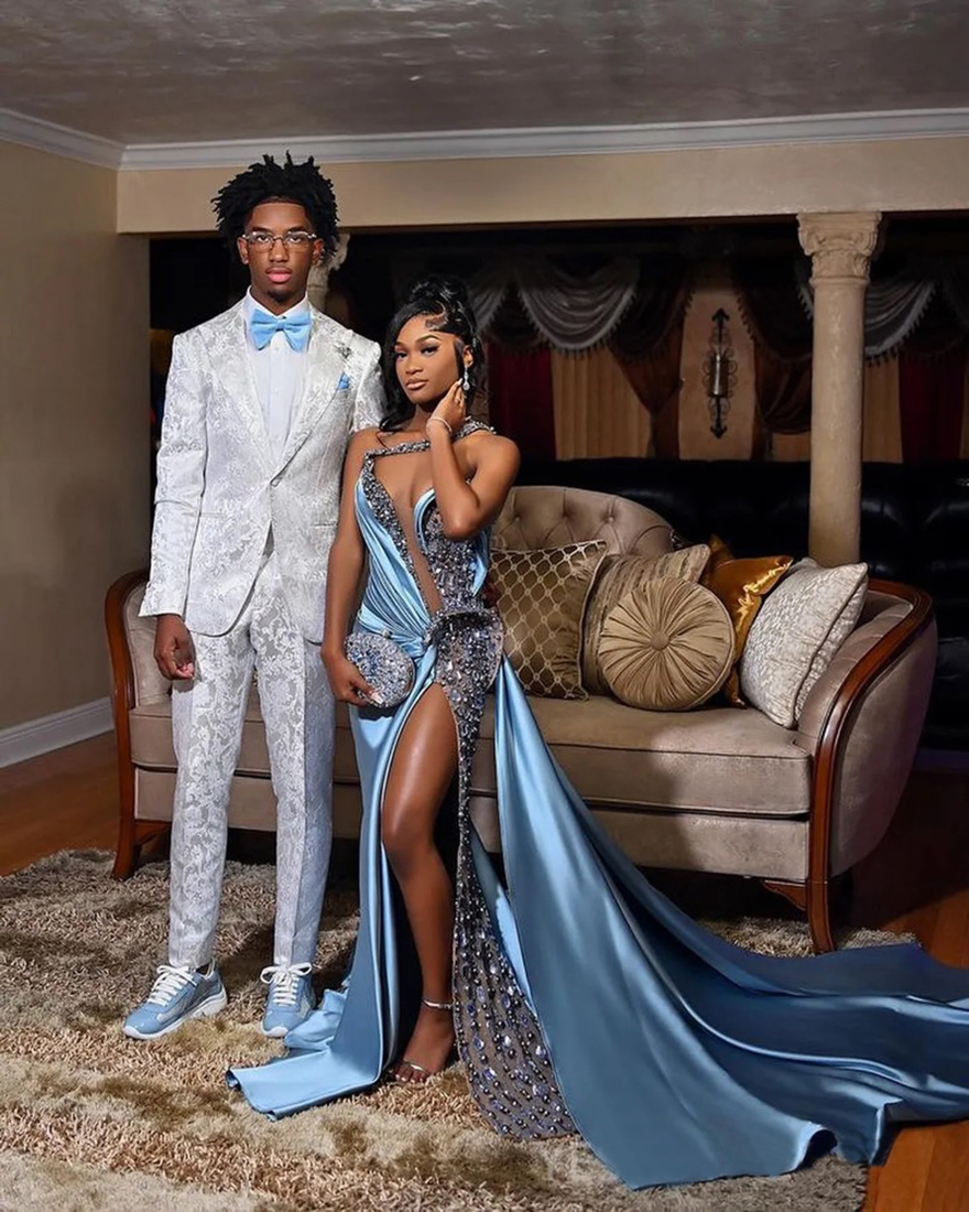 2024 Prom Dresses for Black Women Sexy Promdress Illusion One Shoulder Beaded Pearls Sequined Lace Side Split Evening Dresses Second Reception Gowns V