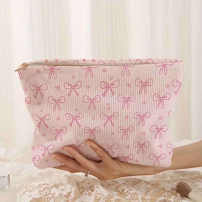 Minimally designed pink bow pattern printed corduroy zipper makeup bag lightweight and multifunctial cosmetic storage bagXJ241206