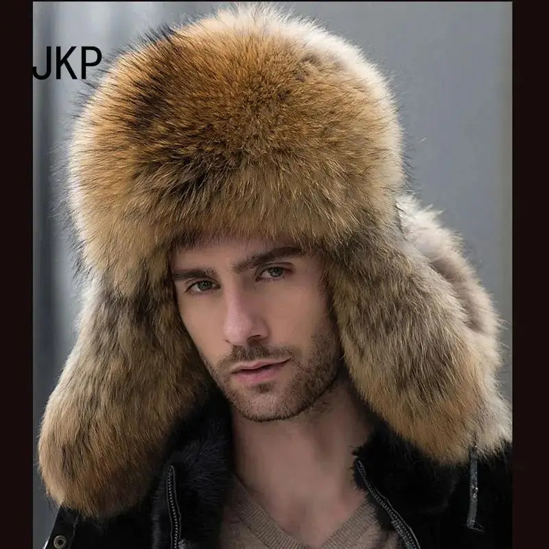 selling leather winter hat for men thick and warm raccoon and fox fur integrated hat for men hat 241206