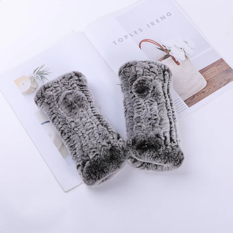 Womens 100% Genuine Knitted Rex Rabbit Fur Gloves Winter Warm Womens Genuine Fur Fingerless Gloves Hand Knitted Fur Gloves 241206
