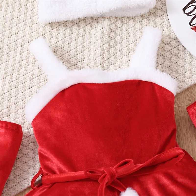 Toddler Newborn Babys Clothes Girls Christmas Santa Costume Sleeveless Belted Dress Gloves Hat Set Childrens Clothing WinterXJ241206