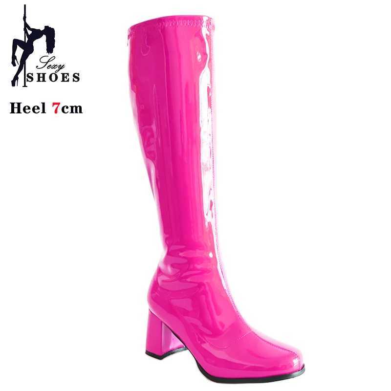 High Quality 7cm custom Gogo boots 1960s and 1970s square heel knee party boots sexy zipper cross dress Gothi shoes large size T241206