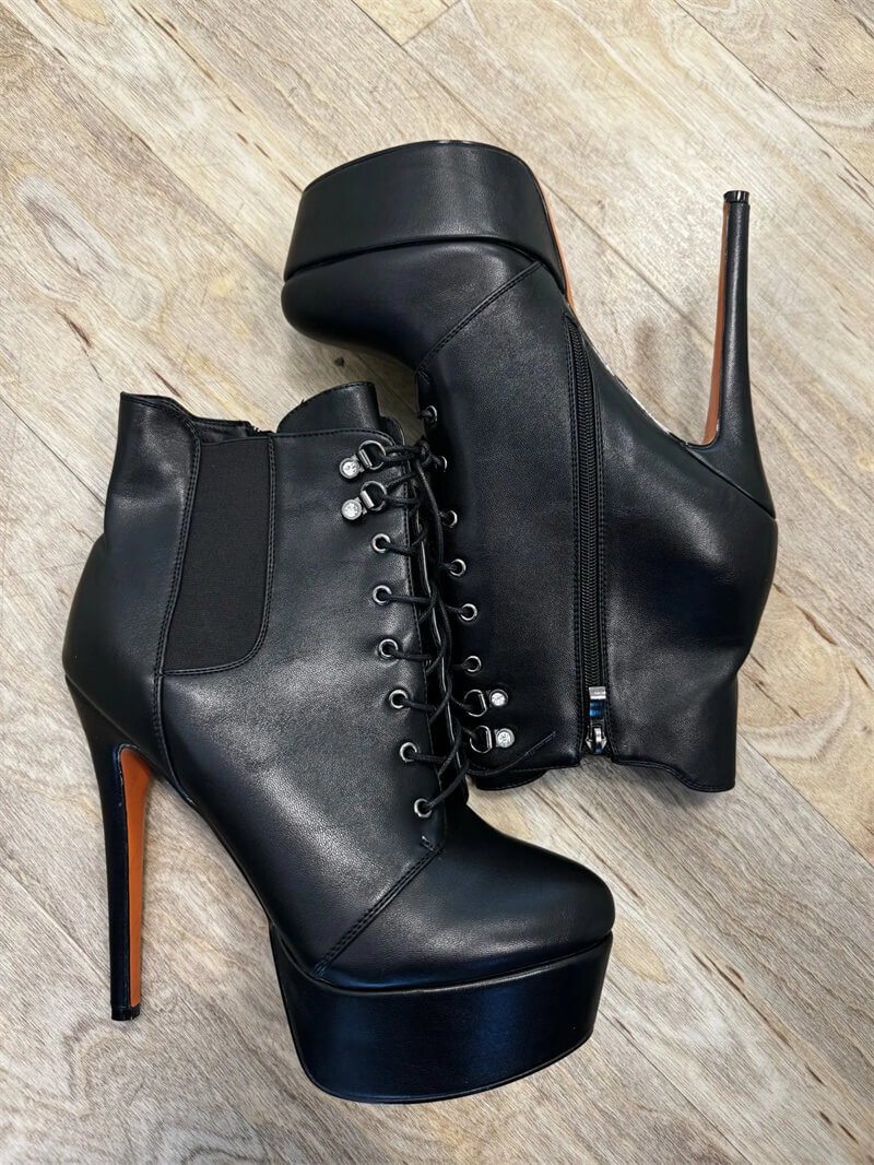 Onlymaker Women Platform Lace-Up Ankle Black Red Patent Leather Stiletto High Heels Boots Zipper Big Size Booties