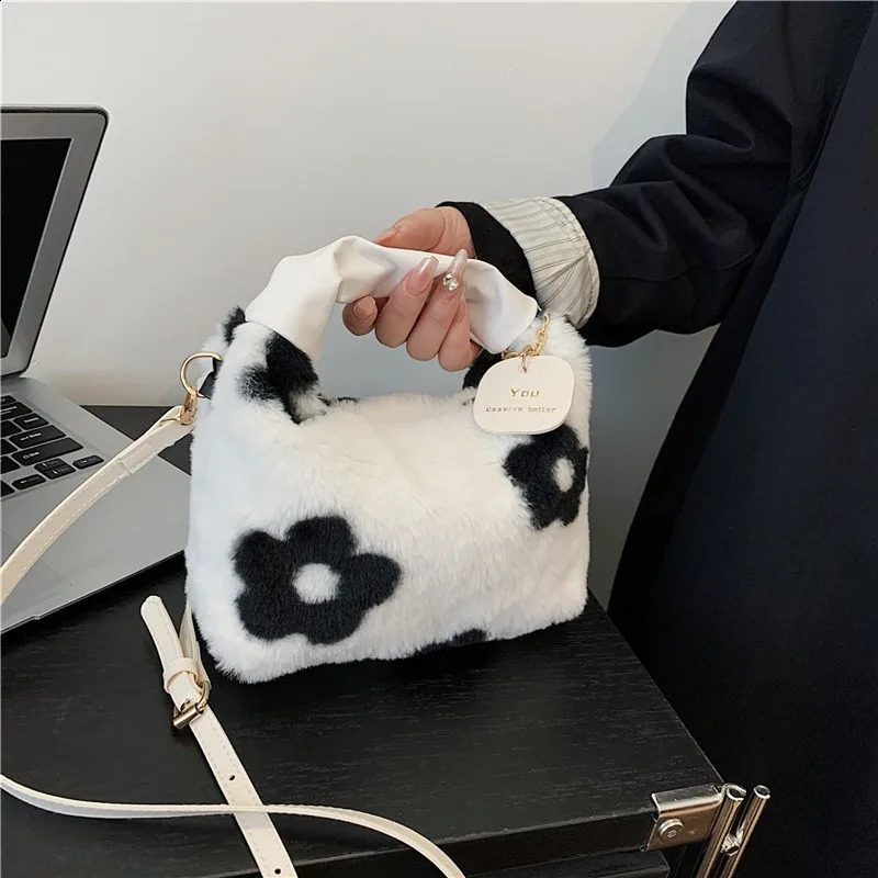Womens artificial fur soft plush handbag Ruched handle small shoulder cross body bag casual fluffy handbag wallet winter bag 241204