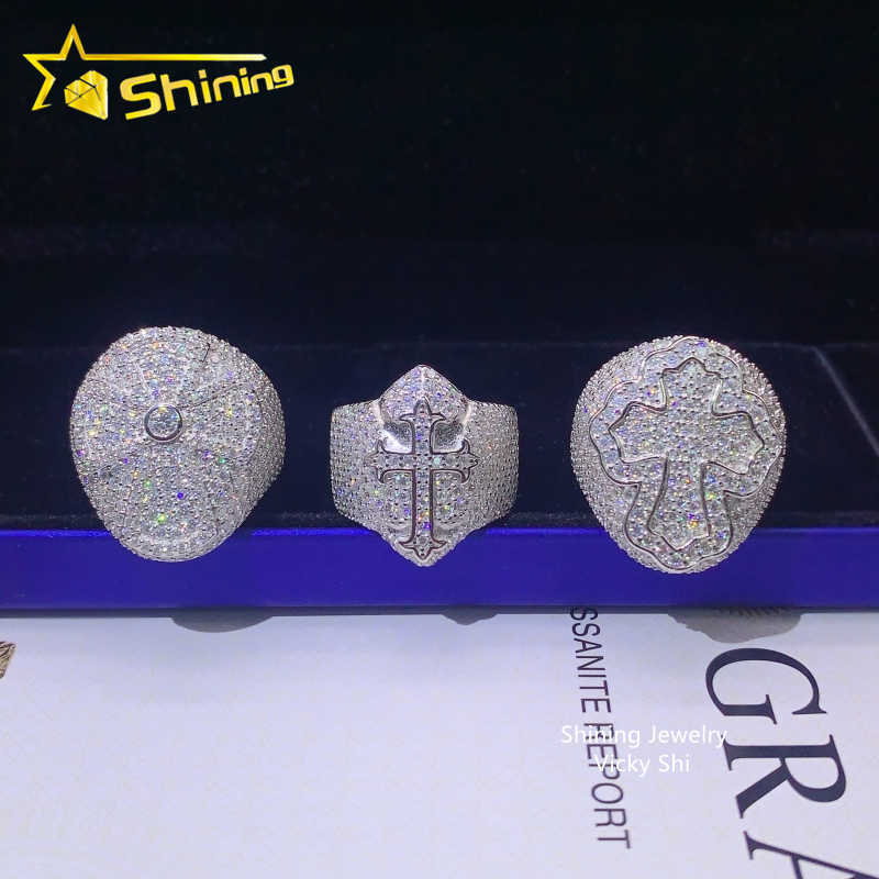 Ready to ship pass diamond tester iced out vvs moissanite diamond rings 925 sterling silver cross hip hop ring