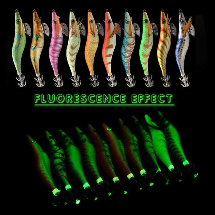 Fishing Wood Shrimp Luminous Squid Octopus Lure 10PCS 3.0 3D Eyes Fishing Lure Hard Bait Wobbr Squid Jig Lure with BagXJ241128