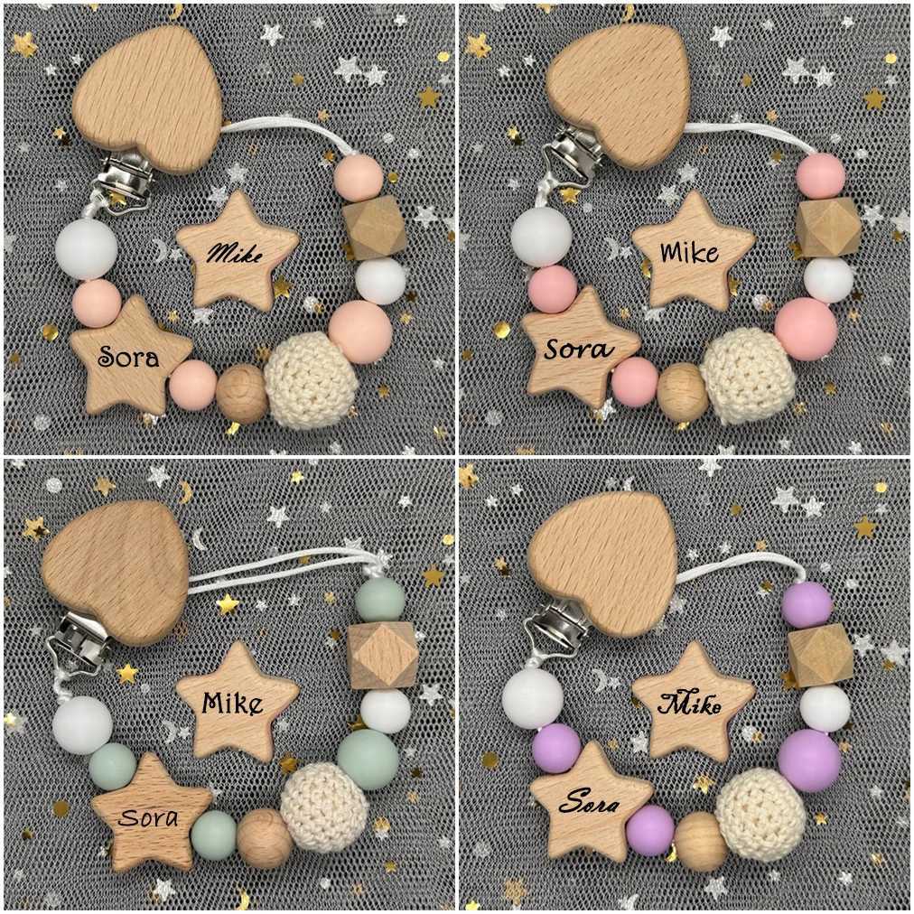 Pacifier Holders Clips# Handmade Personalized Custom Name Wood Bear Baby Pacifier Chain Clip Silicone Bead Holder With Name Teether Pendant Newborn Gi