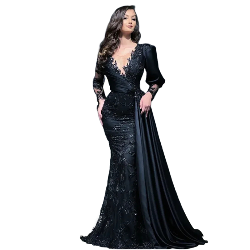 Elegant Arabic Dubai Lace Mermaid Evening Dresses Beaded Illusion V-Neck Long Sleeves Prom Dress Floor Length Chic Formal Occasion Gowns For Women