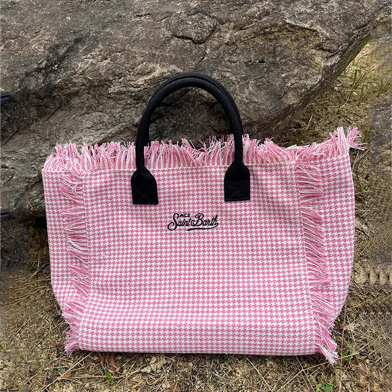 Fashion Street Bag y Woman Tassel Handbag Cotton Linen Houndstooth Stripe Pink Beach High Capacity Shopper 241204