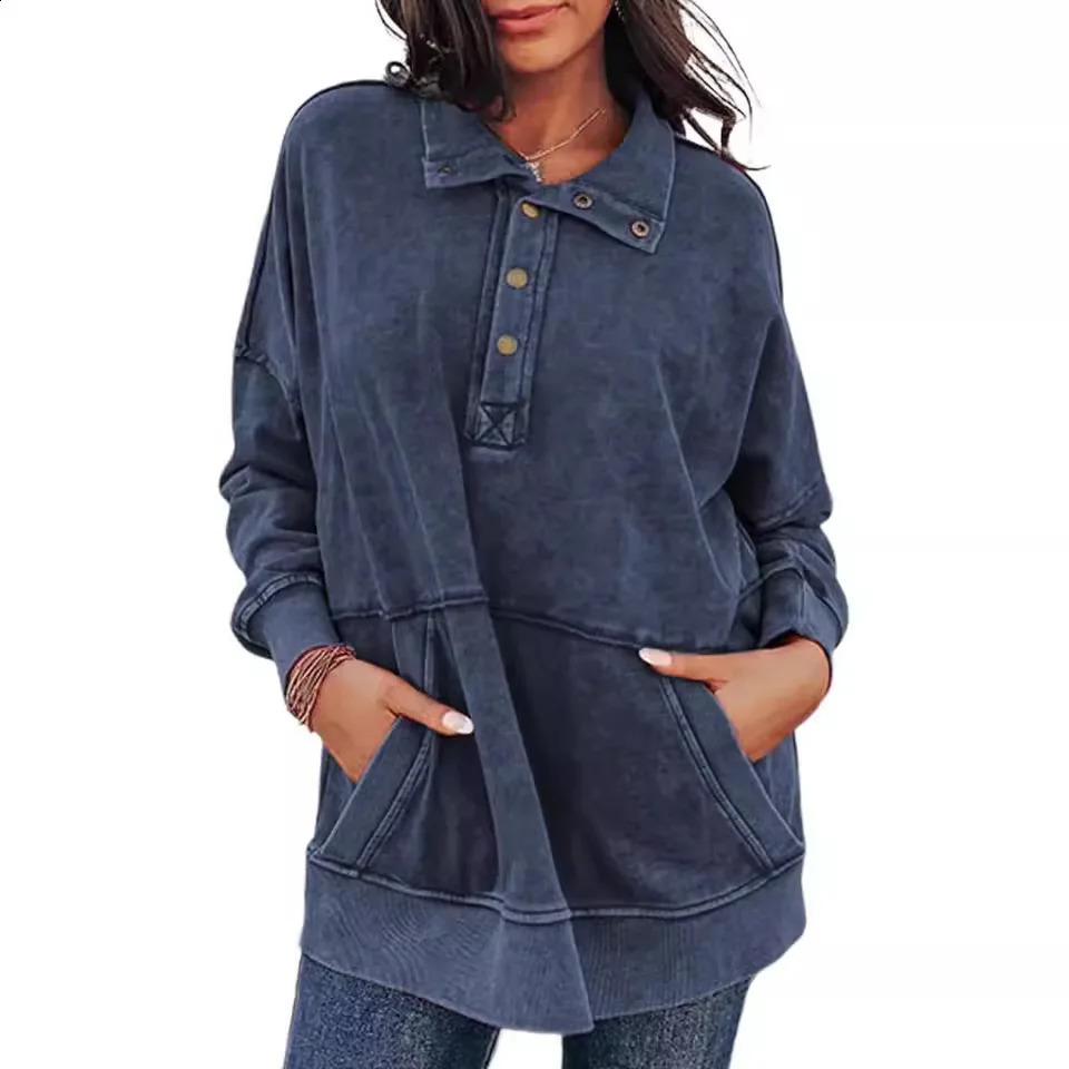 Womens Collar Button Pocket Wash Hoodie Pullover for Women 241203