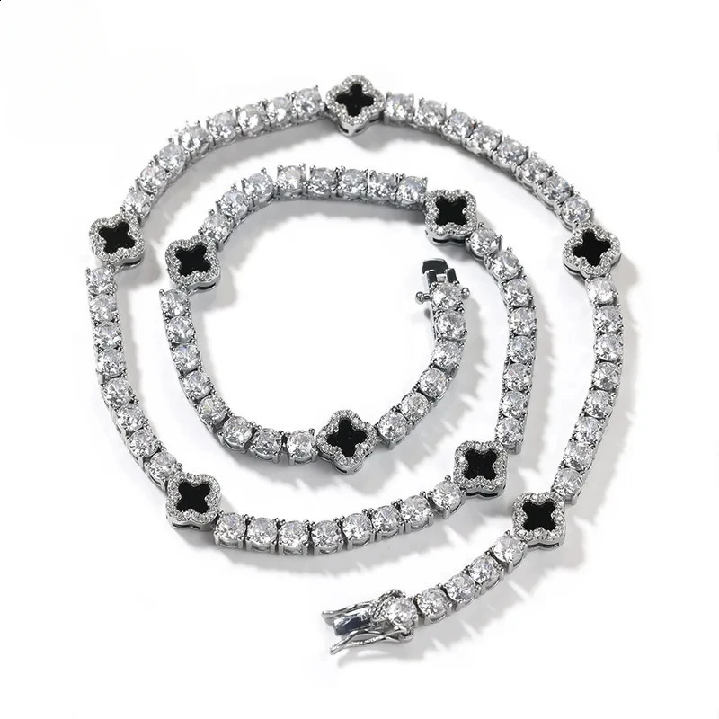 TUES er tennis chain with black flowers all ice CZ cubic zirconia fashionable suffocating hip-hop jewelry suitable for rap artist gifts 241204