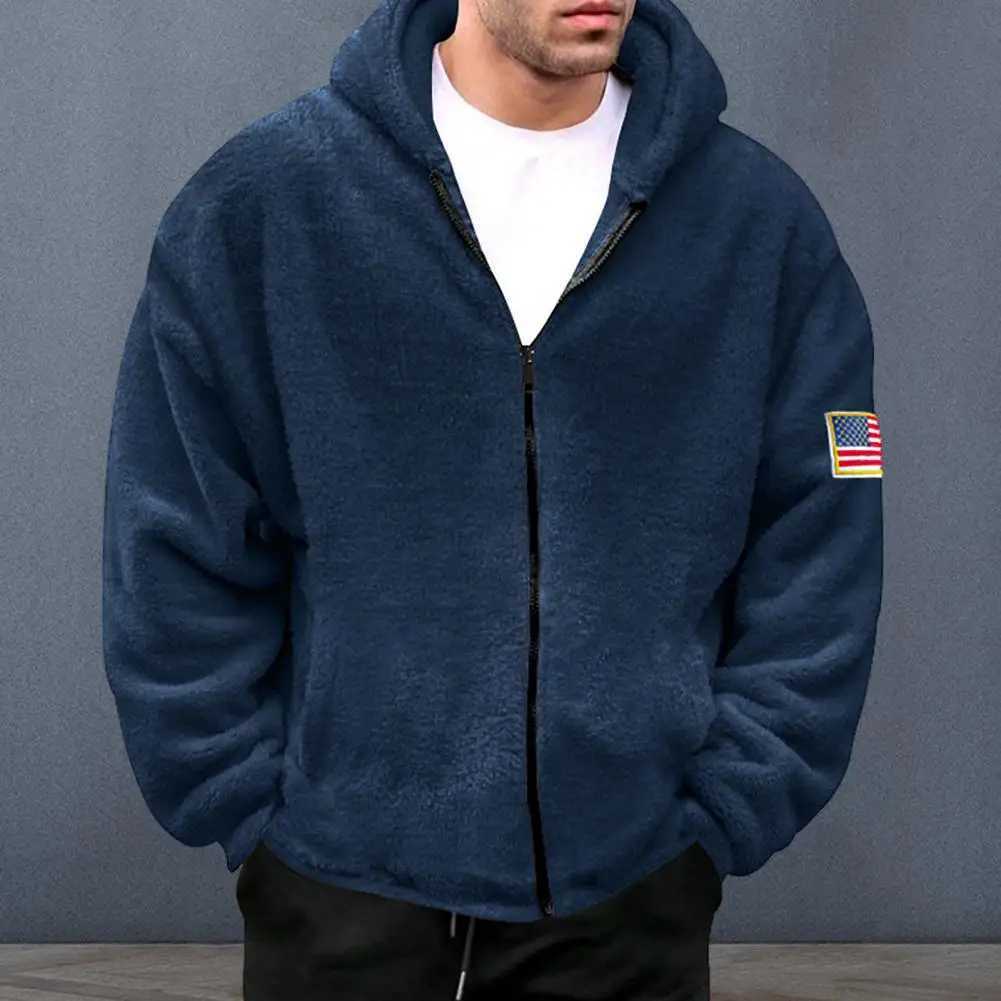 Zipper Closure Winter Coat Hooded Jacket Stylish Mens Winter Jacket Plush Hooded Cardigan with Zipper Closure for FallXJ241206