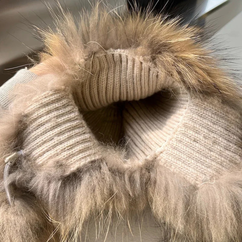 Natural fur raccoon fashionable womens hat double-layer knitted hat breathable and comfortable outdoor travel skiing snow Russian hat 241206