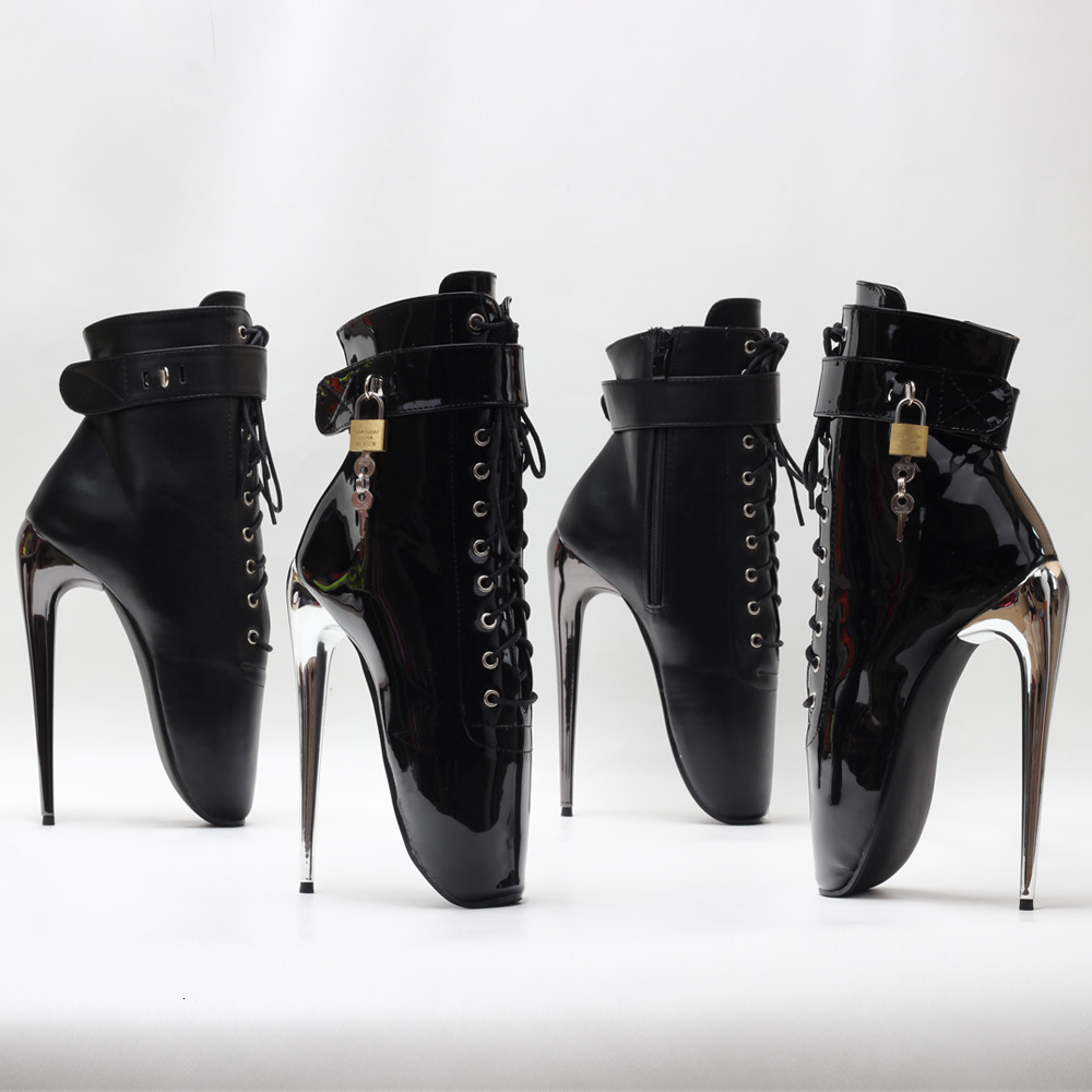 7Inch Stiletto High Heel Lock Wrap Strap Ankle Length Fetish Ballet Boots
