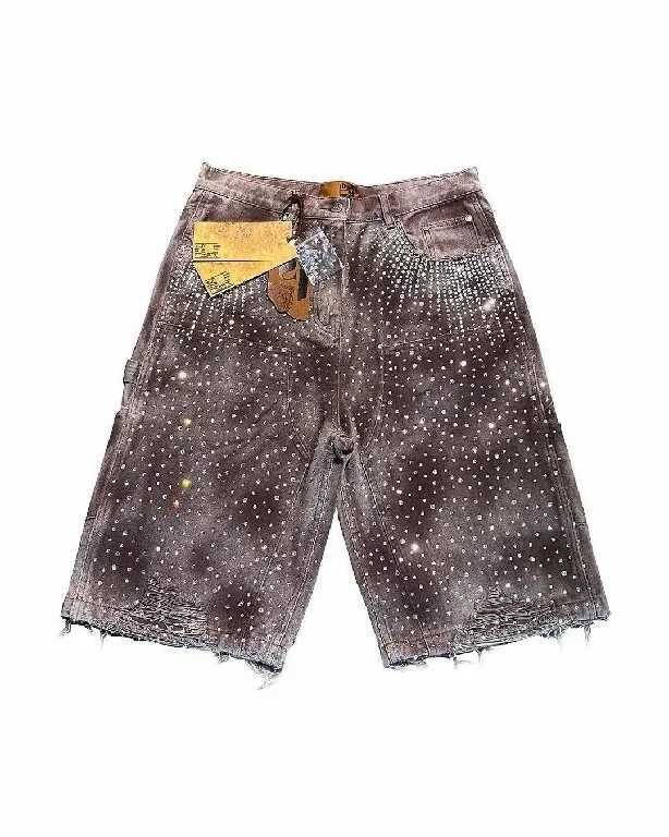 Streetwear shorts Y2K jeans American hip-hop retro Rhinestone sequin pocket denim gym shorts new high waisted casual shortsXJ250313