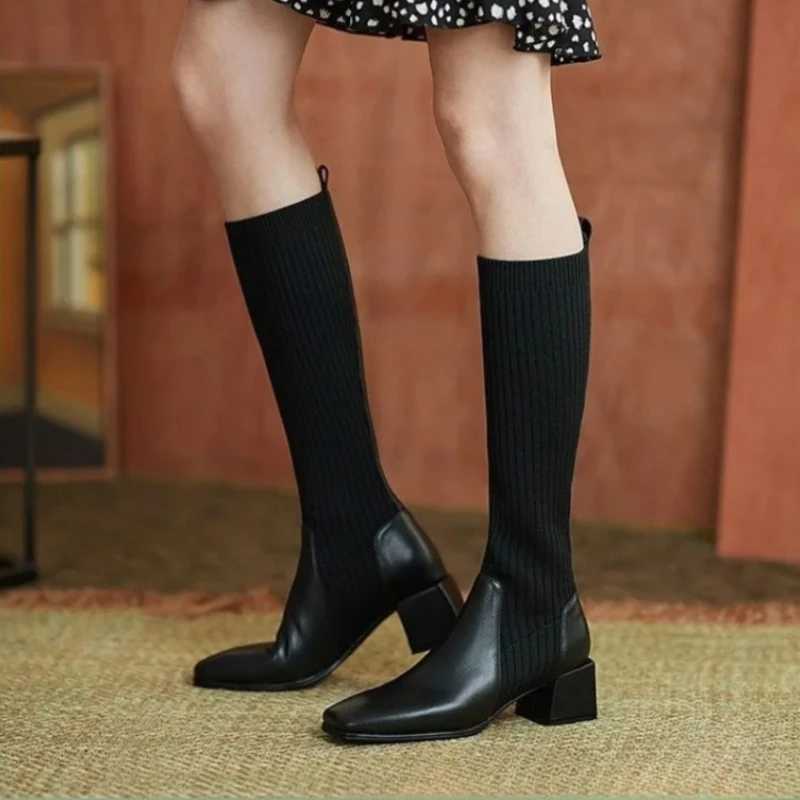 High Quality hot knee thick high sock boots winter boots warm and elegant autumn brown wedge elastic new temperature Lg shoes T241206