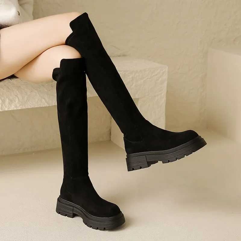 High Quality Trend Streh Over the Knee Boots Quty Ladies Shoes Winter New Warm Wens Boots Platform Bootes Suede Round Toe High H T241206