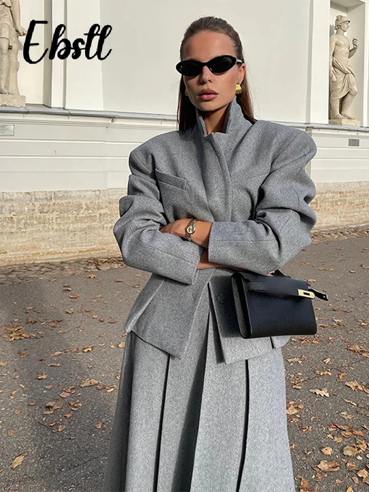 Elegant Woolen Coat Skirts Set Women Grey Lapel Hidden Buckle Blazers Pleated Skirt 2024 Autumn Winter Lady Office Outfits 241205