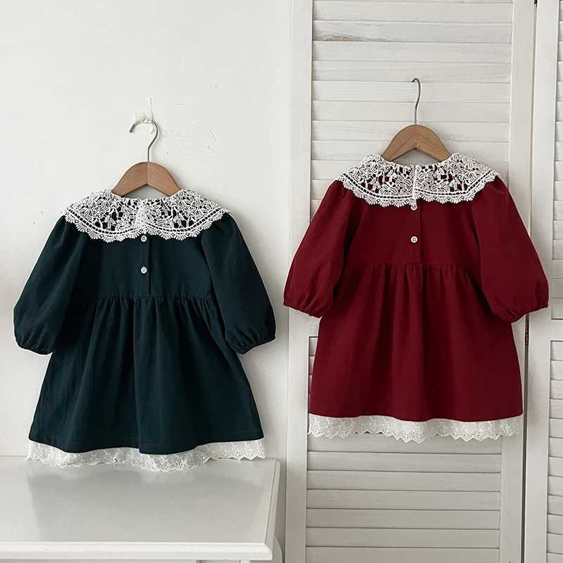 Sprint Autumn Children Dress Girl Lace Collar Dress Long Sleeve Rural Princess Clothing Toddler Casual Outdoor Korean ClothesXJ241206