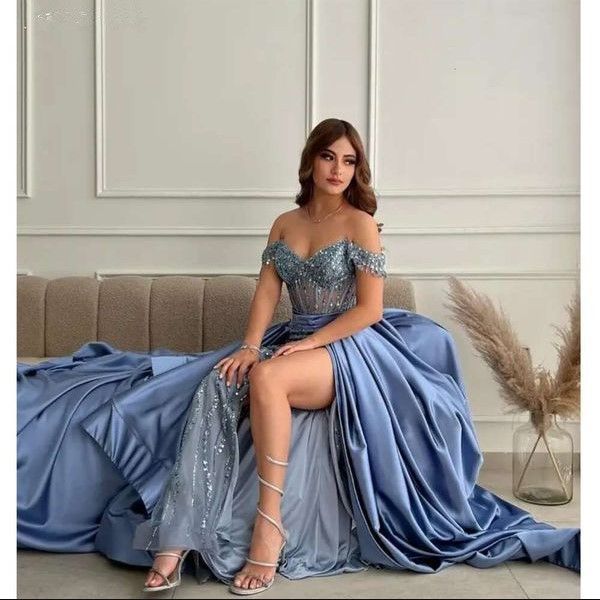 Amanda Customized Sexy Blue Off the Shoulder Vestido De Novia Detachable Train Prom Side Split Trumpet Evening Dress