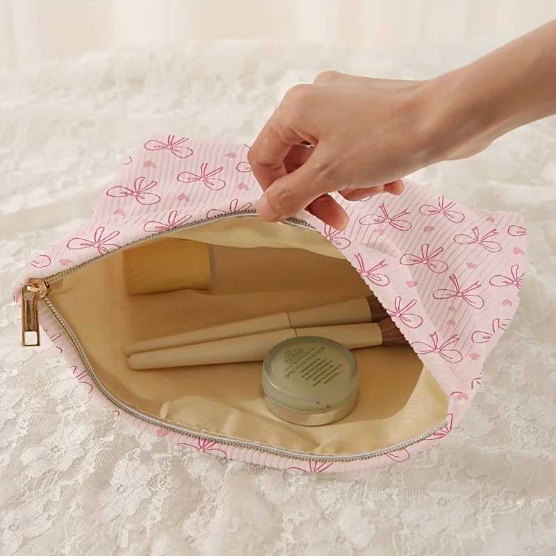 Minimally designed pink bow pattern printed corduroy zipper makeup bag lightweight and multifunctial cosmetic storage bagXJ241206