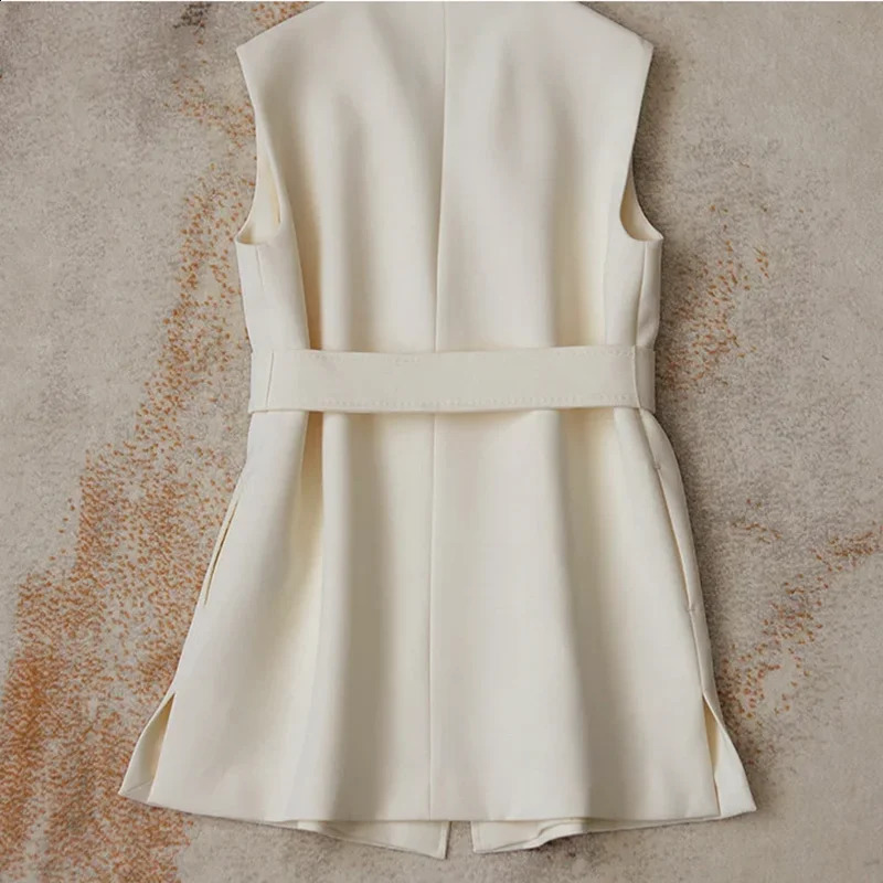 Spring Autumn 2024 Fashion With Belt Suit Vest Jacket Women Office Casual Sleeveless Blazer WaistCoat Coat Ladies Short Tops 241205