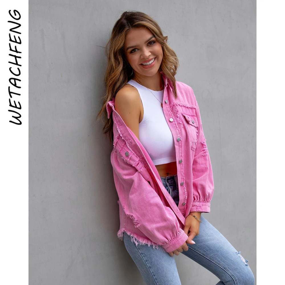 Womens autumn pink jacket long sleeved casual pocket lapel frayed hole tassel denim Korean clothing 241206