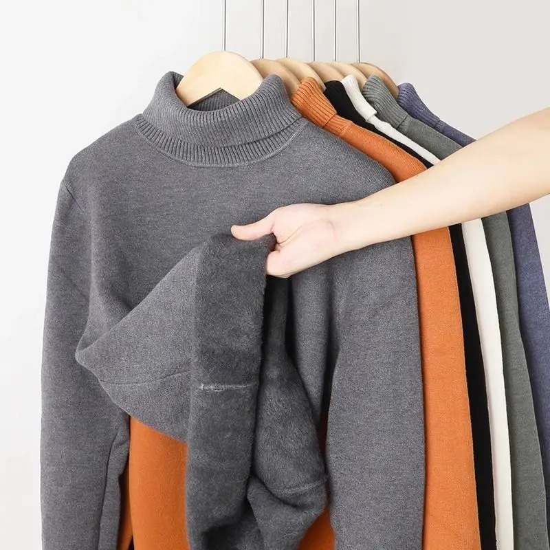 Autumn Winter Mens Turtleneck Sweater Knitted Velvet Warm Long Sleeve Pullover Outdoor Cold-proof Casual Blouse Base Sweater 241206