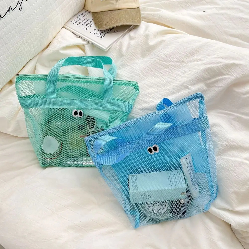 Beach Mesh Wash Bag Cosmetic Large Capacity Shopping Shoulder Portable Handbags Foldable Swimming Storage 241203