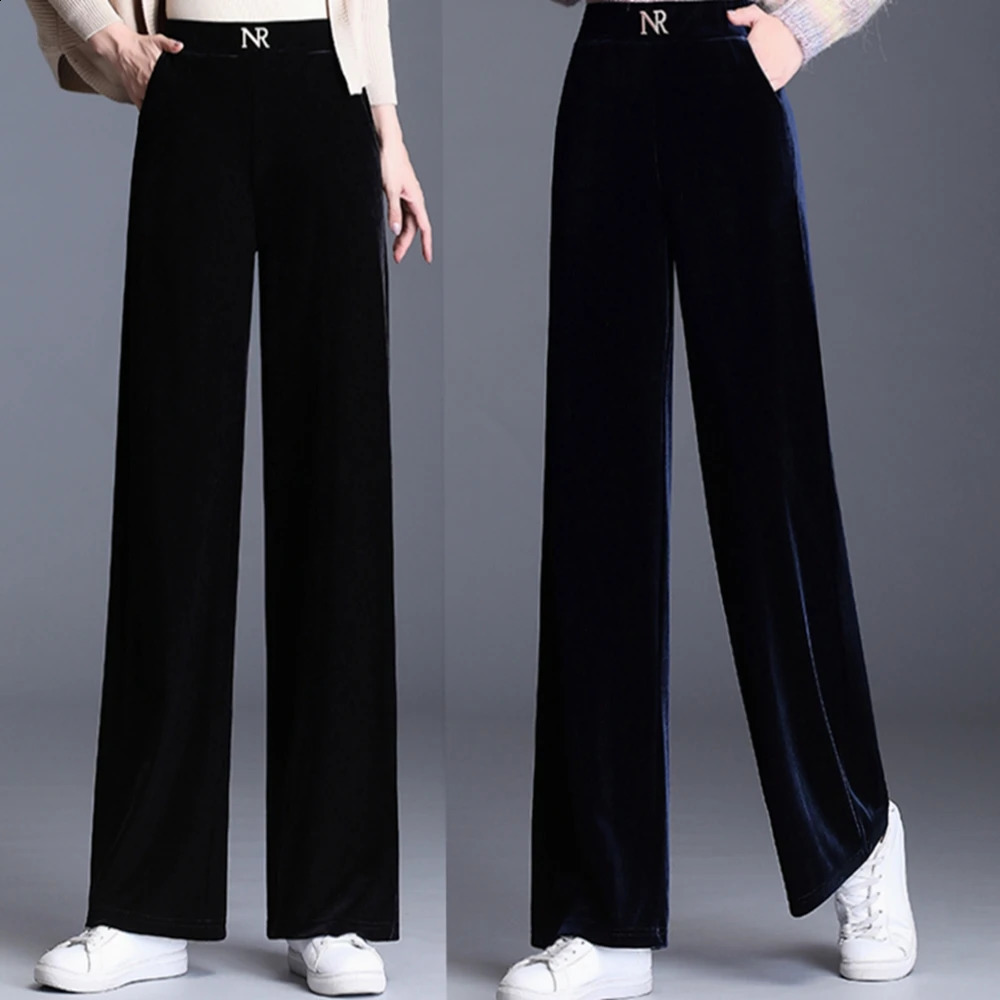Korean high waisted elastic waist womens Haaland pants spring/summer gold velvet wide leg pants Versatile casual pants 241202
