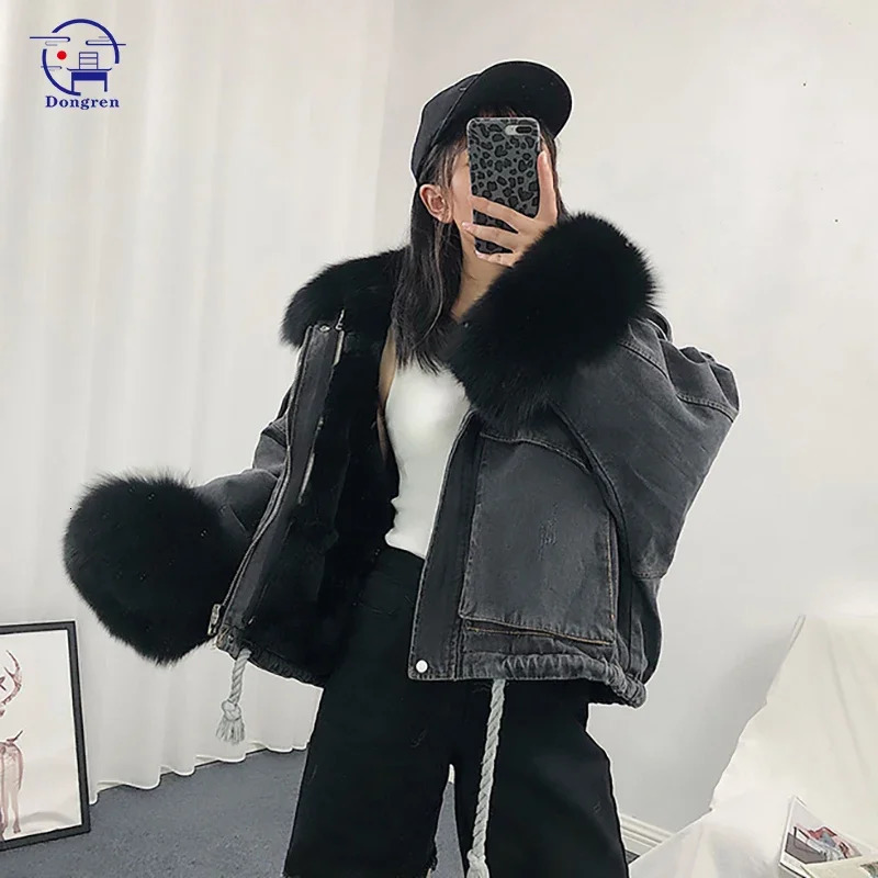 Winter loose denim jacket warm womens oversized fur collar with velvet padding cotton thick 241206