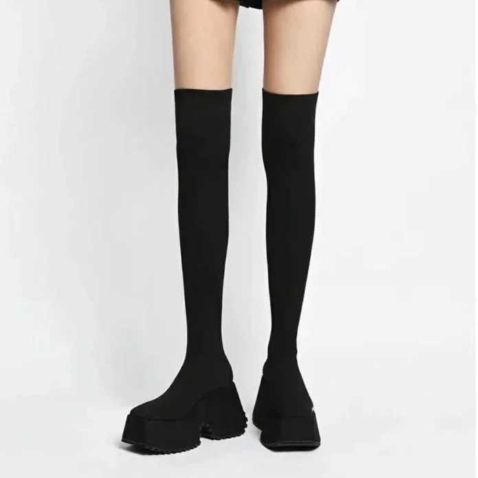 High Quality Warm Smooth New Brand Shoes Fi Solid Party Boots Warm Round Toe Super Knee Long Socks T241206