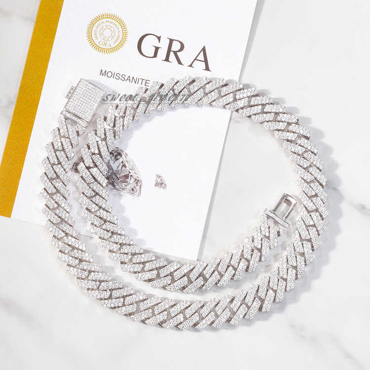 S925 Sterling Silver White Gold Plated GRA Moissanite Diamond 10~15mm Wide 2Rows Cuban Link Chains for Mens HipHop Jewelry