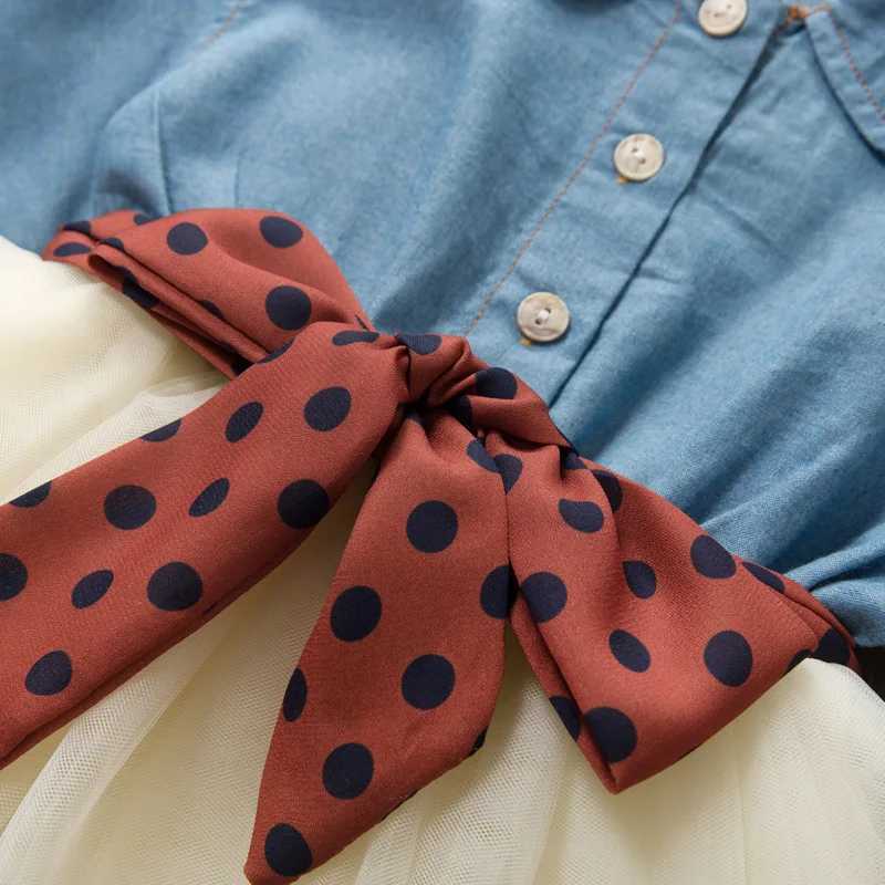 Spring Autumn Girls Dress Korean Version Denim Stitching Mesh Dress + Detachable Polka Dot Belt Suit DressXJ241206