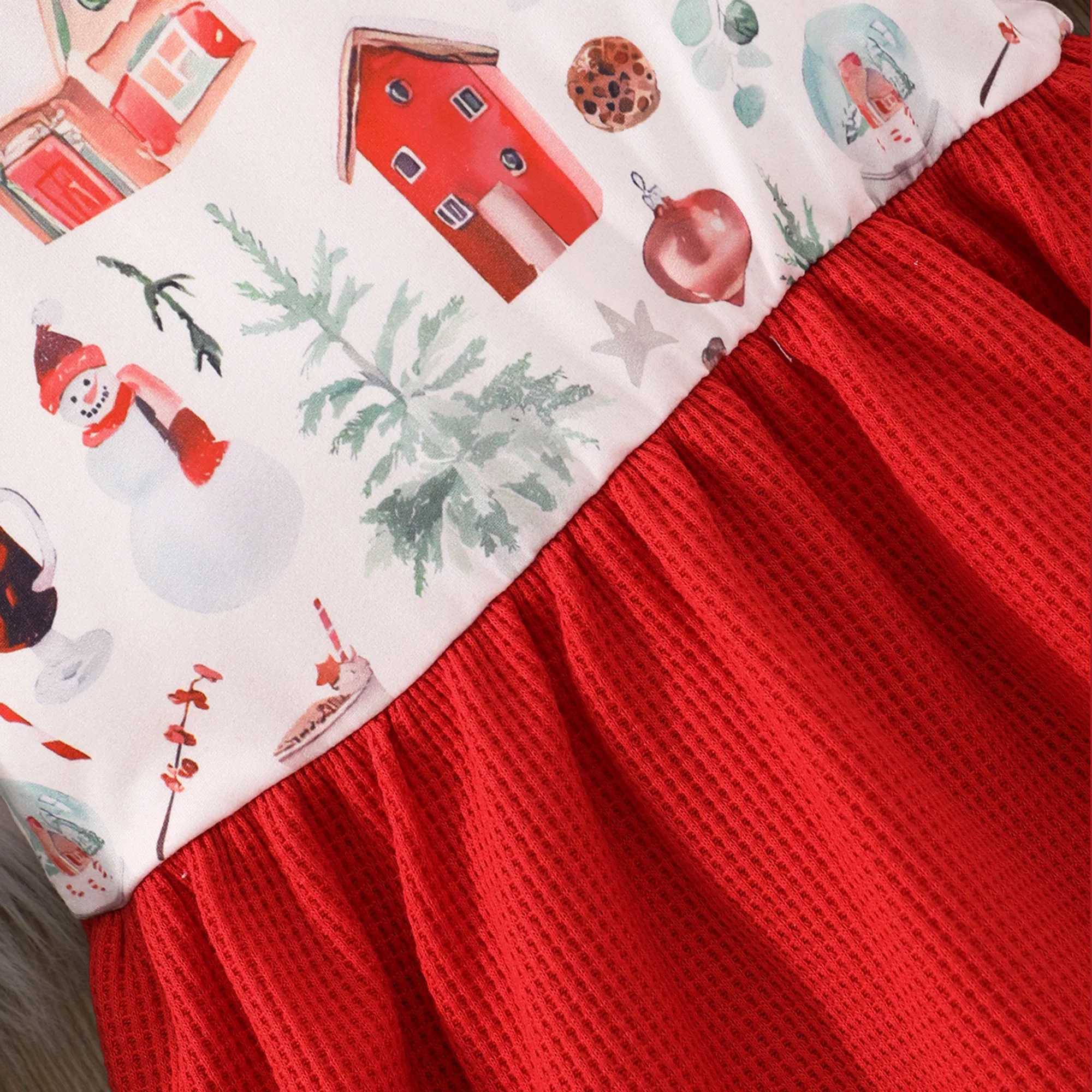 Splicing Waffle Pattern Flutter Trim Long Sleeve Dress Girls Spring Fall ChristmasXJ241206