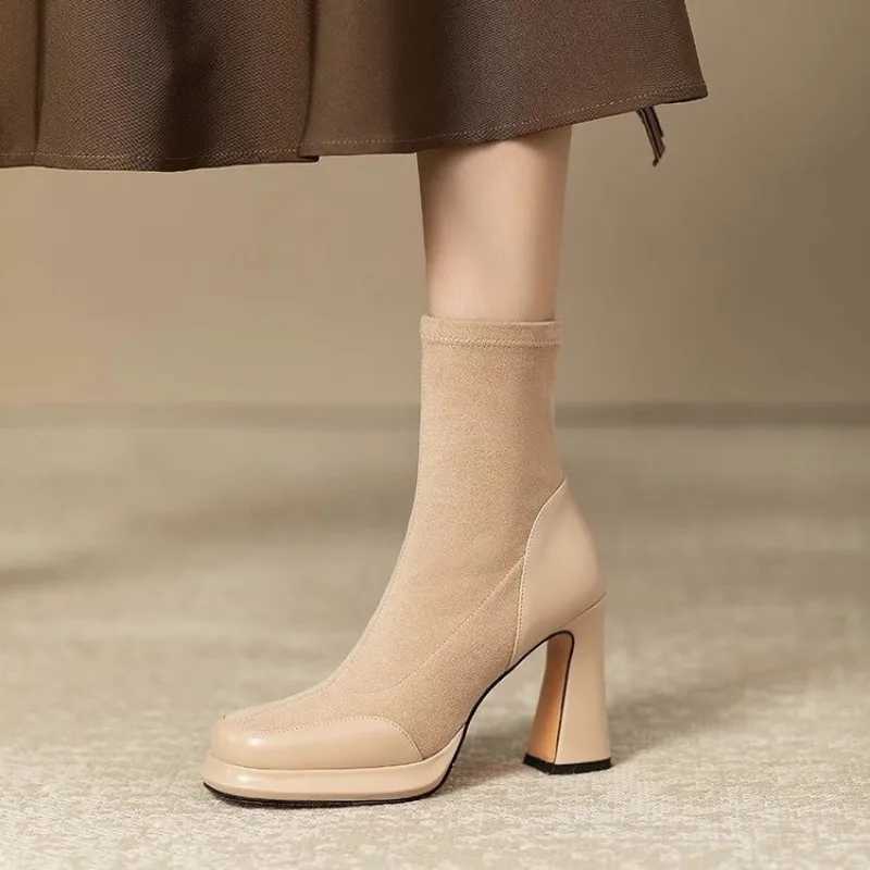 High Quality Thick heel short boots thin boots and suede high-temperature boots for warm autumn and winter splicing waterproof platforms T241206