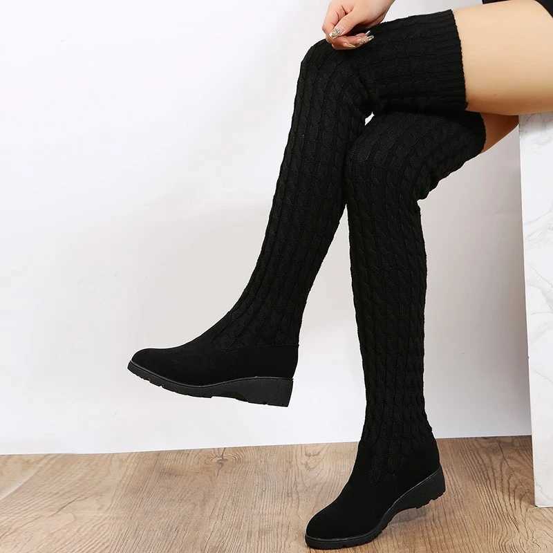 High Quality Wens Boots Autumn/Winter High H Boots Ten Thousand Shoes Knitted Wool Lg Boots Warm Brown/Black Boots Womens Shoes T241206