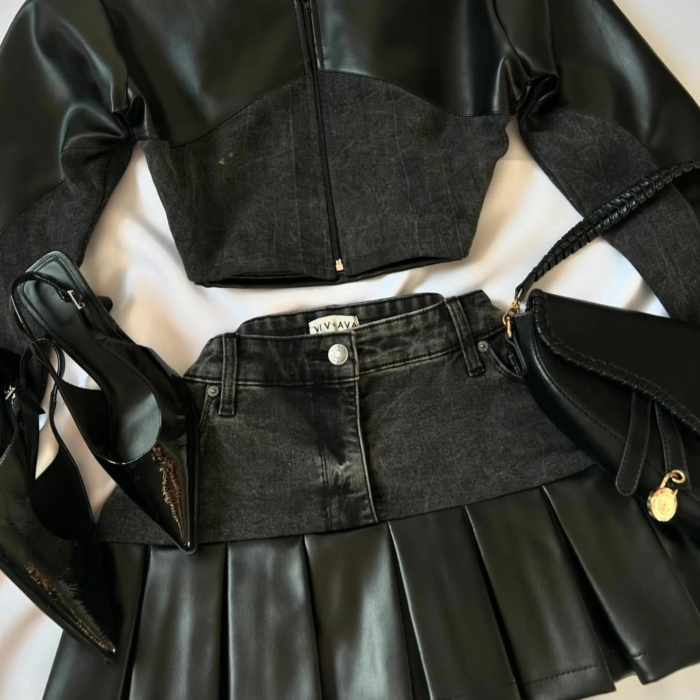 Leather splicing twopiece set for womens Y2K sweetheart sexy hiphop work zipper long sleeved cutting jacket denim 241206