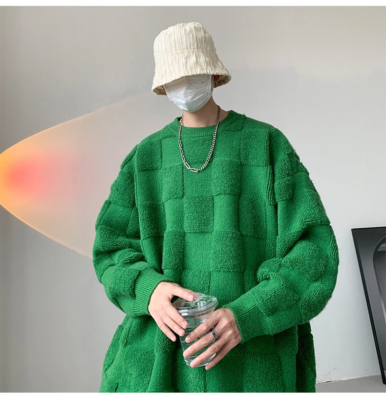 Plus Size 8XL American Street Pullover Sweater Fashion Sense Towel Embroidered Check Sweater for Men Couple Women Sweater 241206