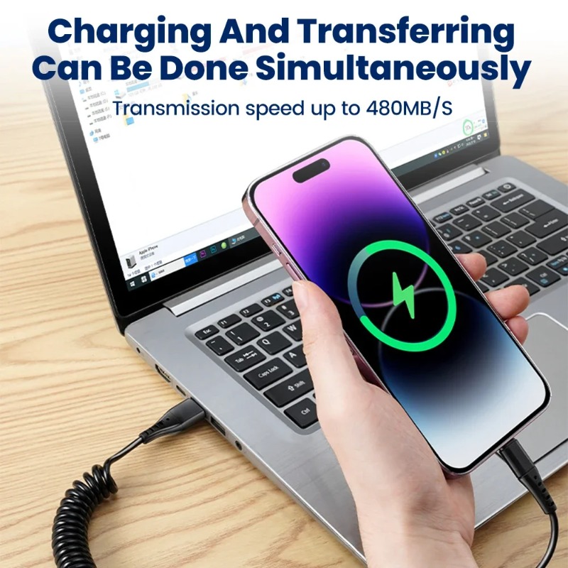 120W Car Spring Cable USB Type C Fast Charging Micro USB Cable For iPhone 16 15 Samsung Xiaomi Huawei Quick Charger 3.0