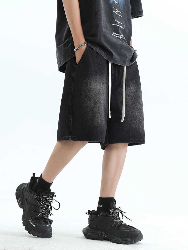 2024 New Summer Baggy Denim Shorts Men Hip Hop Streetwear Wide Leg Straight Jeans Shorts Drawstring Loose Men Casual Short PantsXJ241206