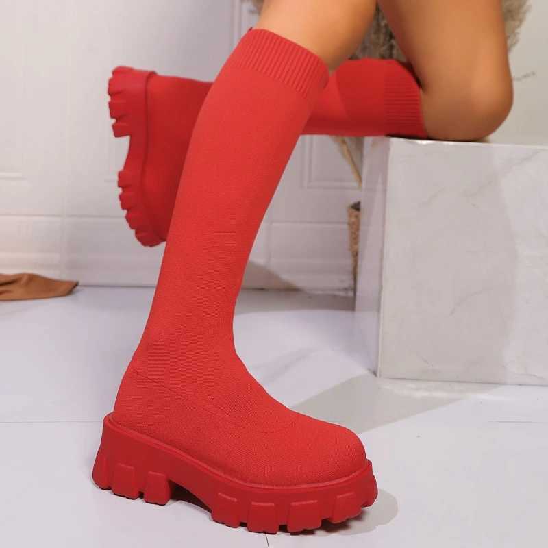 High Quality 43 thick soled knitted Lg boots suitable for Wenfei elastic socks shoes knee boots round toes low H Botas De Mujer T241206
