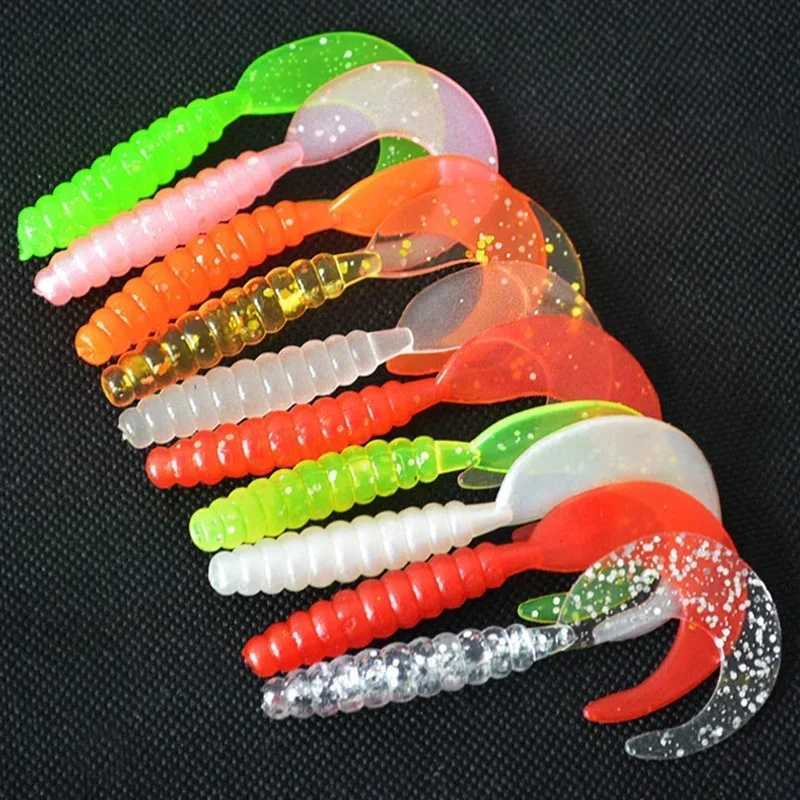 10pc Jigging Soft Silicone Fishing Lures 35mm 55mm Shrimp Fishy Smell Wobbrs Spiral Tail Artificial Swimbaits Shad SoupXJ241128