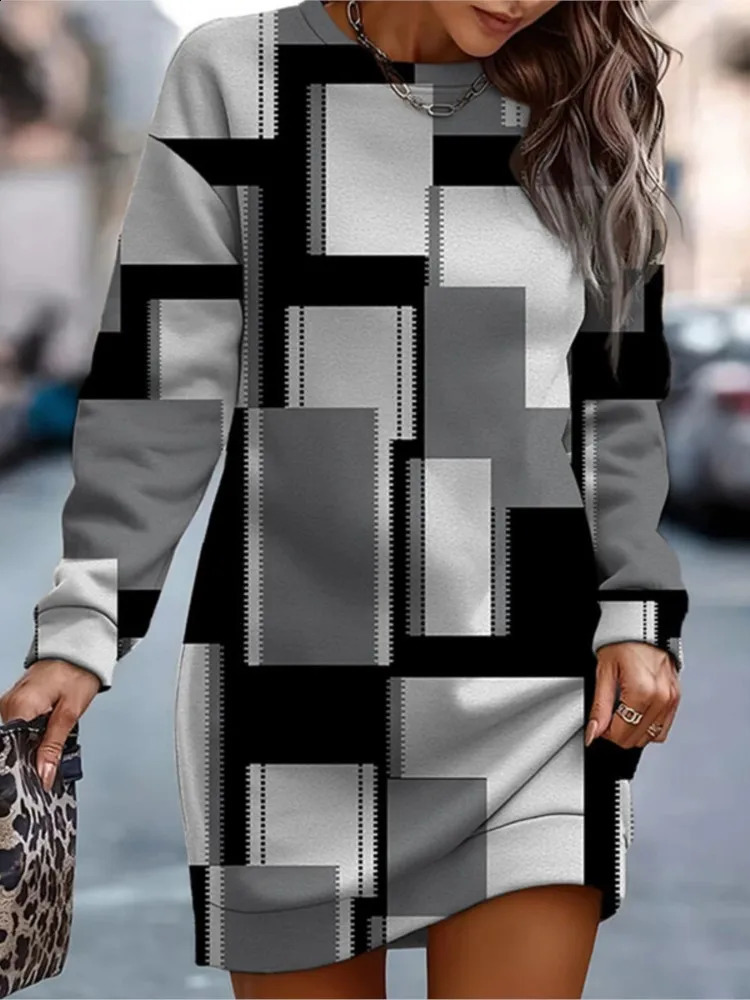 Autumn Winter Sweatshirt Dresses For Women 2023 Fashion Print O Neck Long Sleeve Casual Loose Dress Woman Sweatshirts Robe 241205