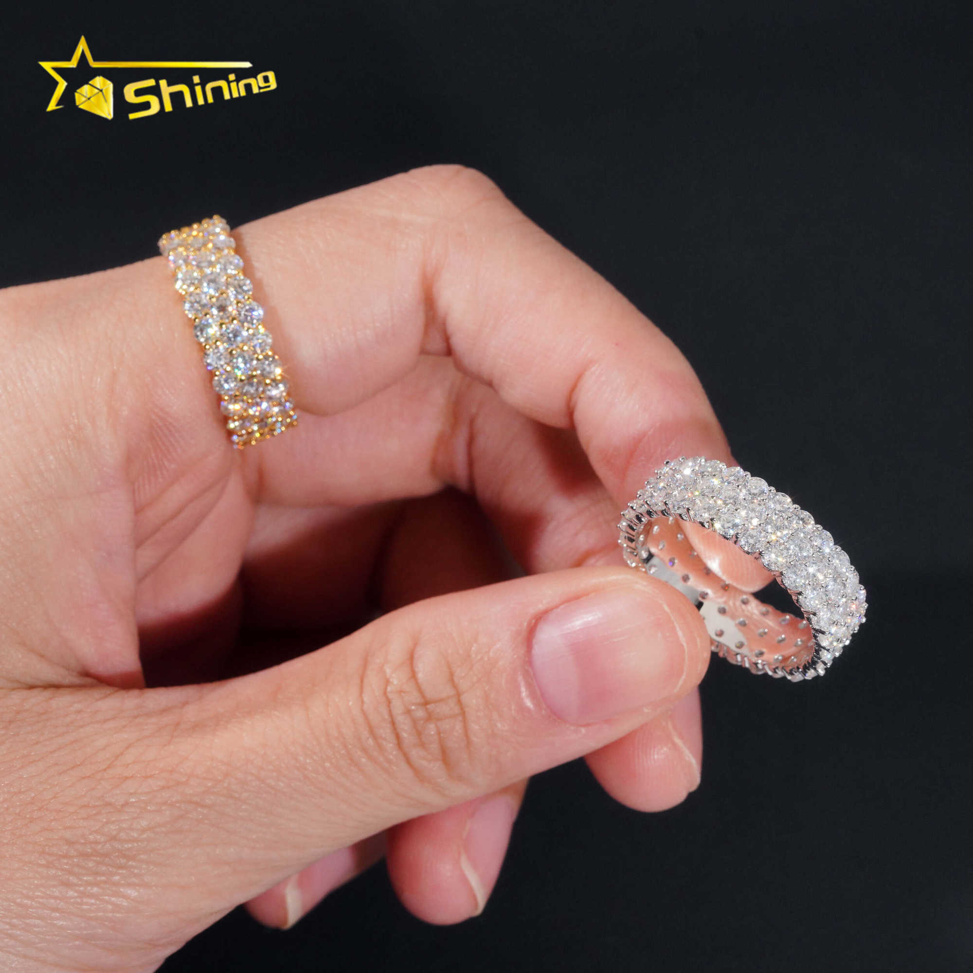 Fine Jewelry Men Hip Hop Ring Pass Diamond Tester 925 silver Gold Plated 3 Rows VVS Iced Out Moissanite Diamond Ring
