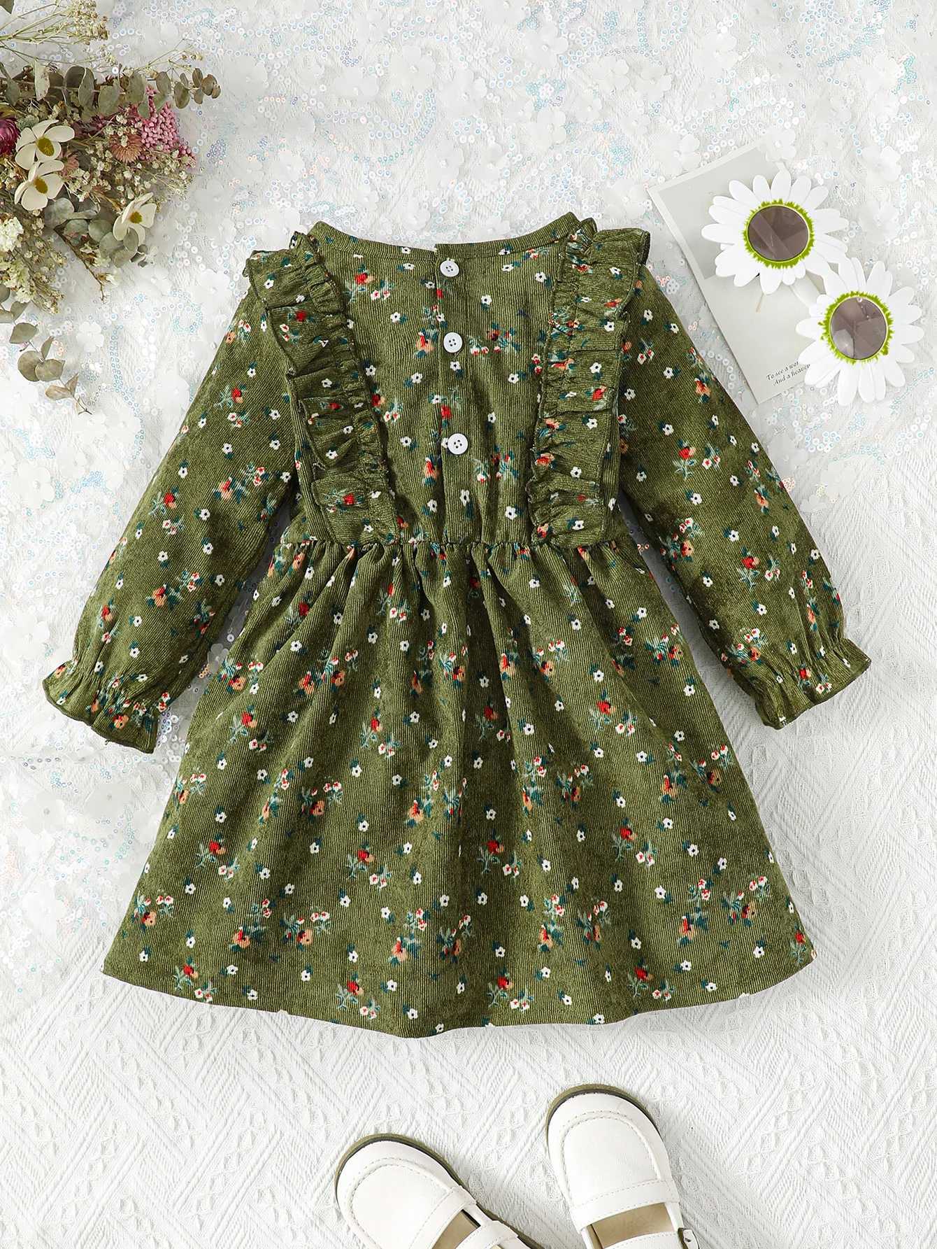 Kid Toddler Girls Dress Floral Print Button Front Ruffle Long Sleeve Corduroy Dress One Piece Casual Dress For Fall GreenXJ241206