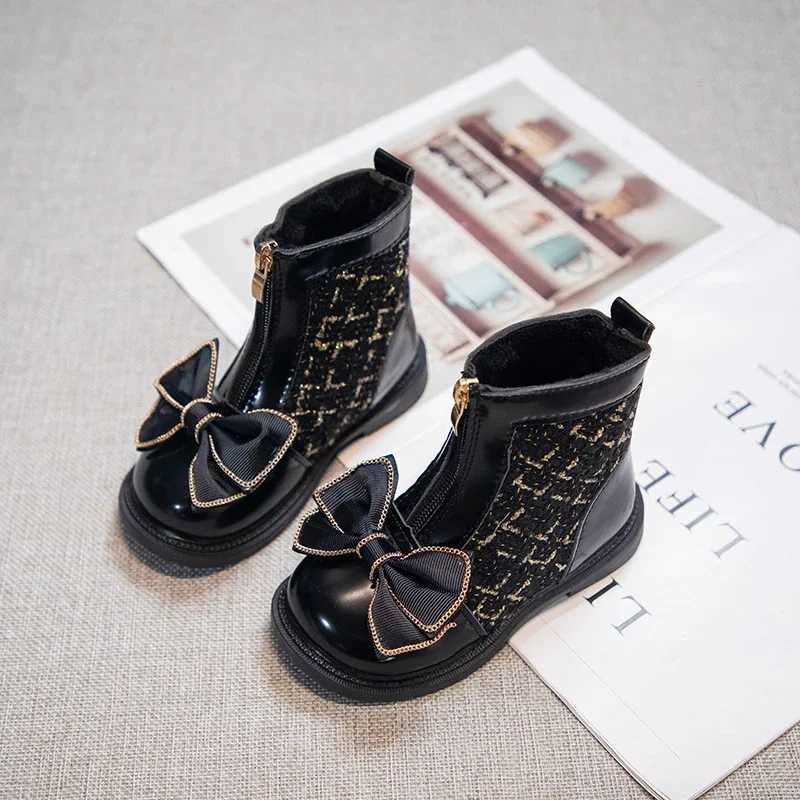 Girls Short Boots Simple Soft Breatheable Children Fashion Leather Boots Zipper Kids Sweet Princess Boots with Bow-knot WinterXJ241206