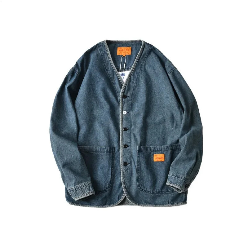 INS Fashion Japanese Fashion Cotton Washed Loose Collarless Casual Open Cowboy Jacket Mens Spring 241205
