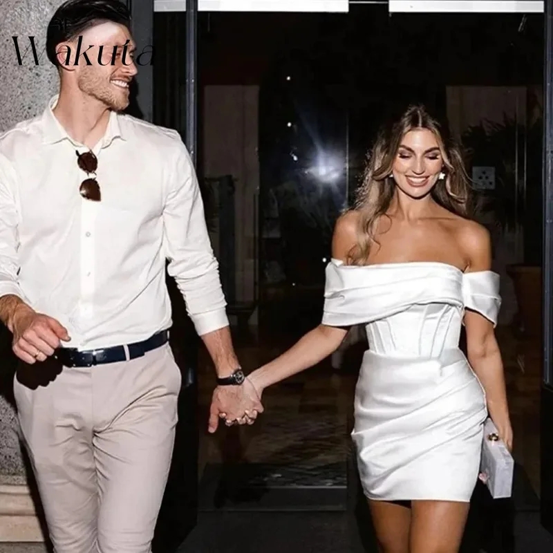 Wedding Short Dress Ivory Satin Off Shoulder Pleats Mini Bridal Gowns For Women Bride Backless Lace Up Civil Vestiods De Noiva